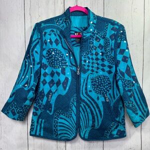 Vintage Redd Jeans Turquoise Abstract Sequin Zip Jacket Size 10 Artsy Bold Retro